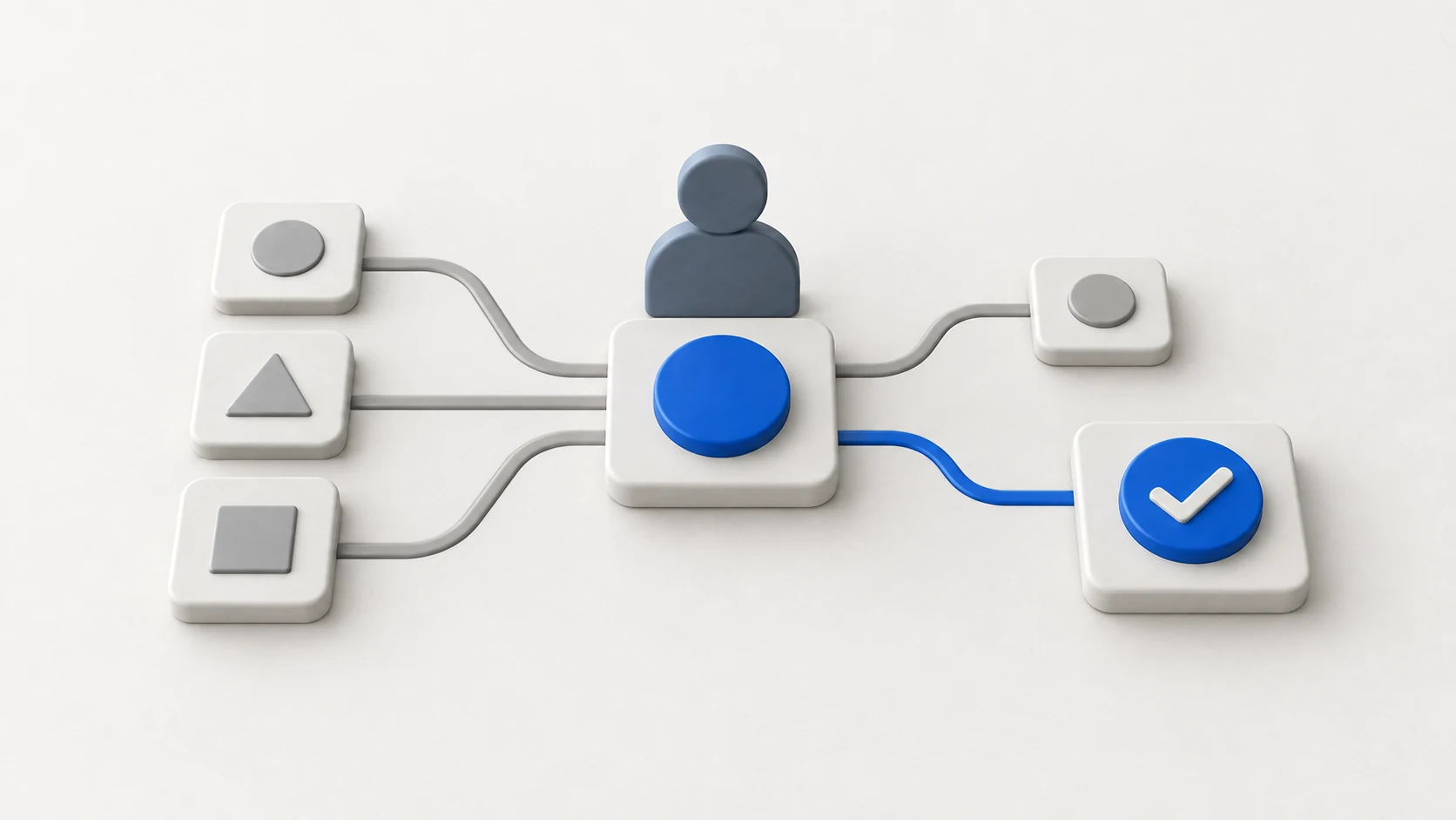 Textfreie Illustration mit flacher 3D-Wirkung: Formen für Mitwirkende führen zu einem zentralen Entscheidungspunkt mit einem ausgewählten Weg.