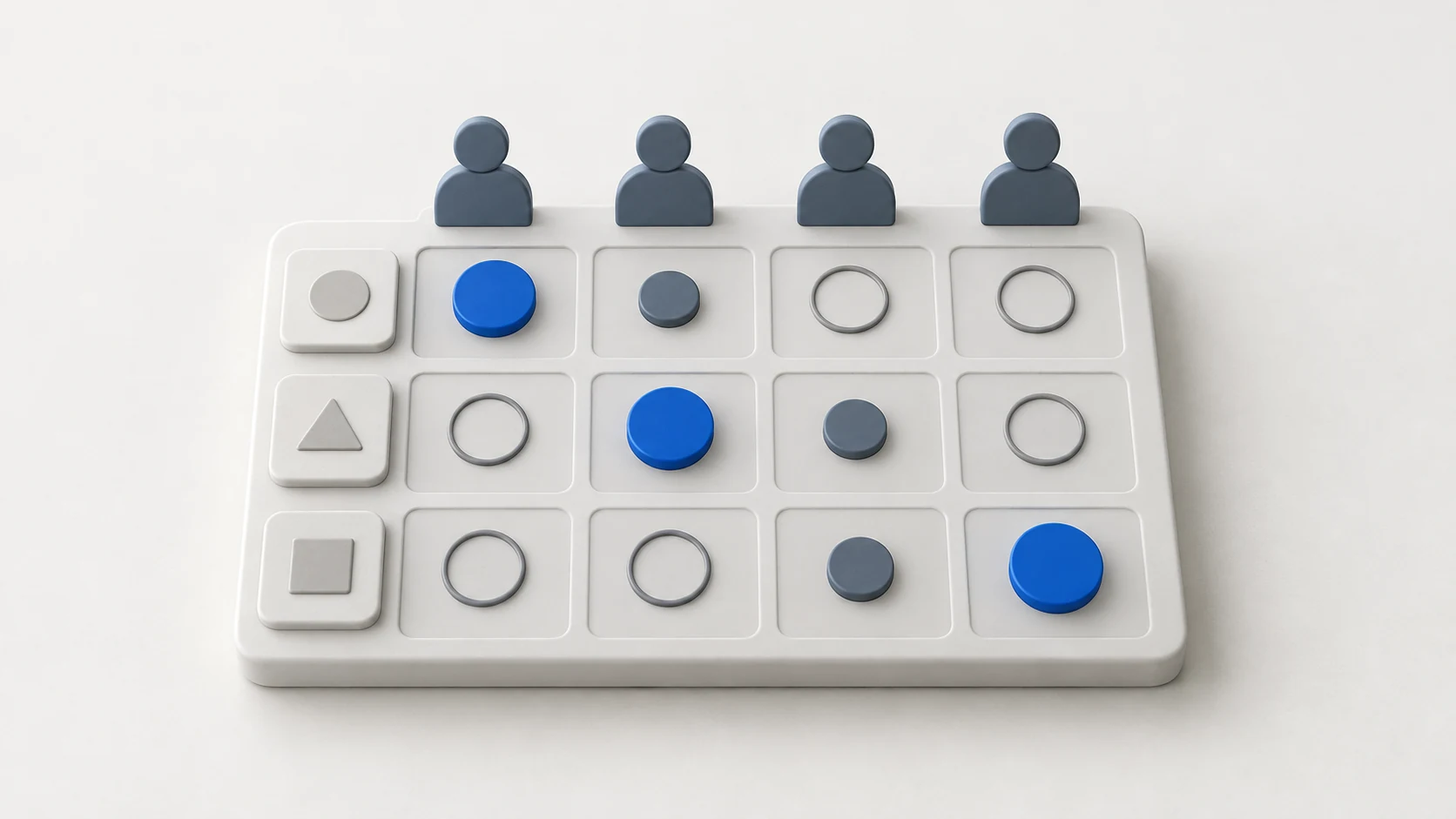 Ein plastisches Zuständigkeitsraster verbindet drei Arbeitsergebnisse mit vier Teammitgliedern; jede Zeile enthält eine blaue Markierung für die Ergebnisverantwortung.
