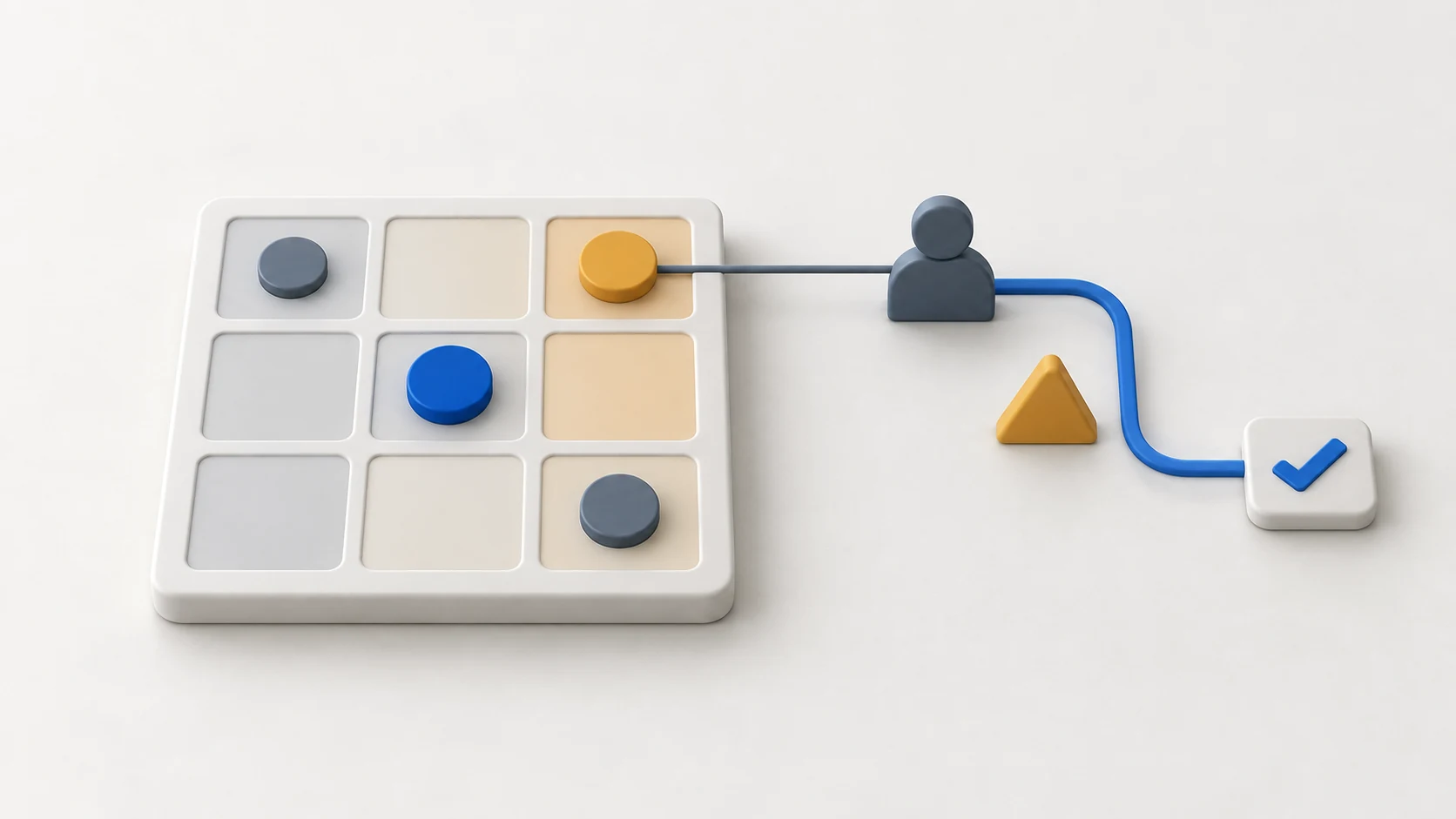 Konzeptionelles Risikoraster mit flacher 3D-Wirkung, erhöhter Risikomarkierung, Verantwortungsfigur und einem Weg durch Maßnahmenprüfpunkte, ohne Text.